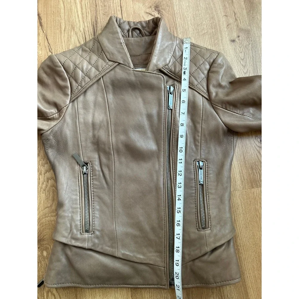 MICHAEL Michael Kors Genuine Leather Moto Jacket Sz XS Taupe Brown Quilted Biker